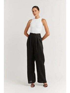NWT Dissh Pants Holden Wide Leg High Rise Linen Black Pleated Office Size 2